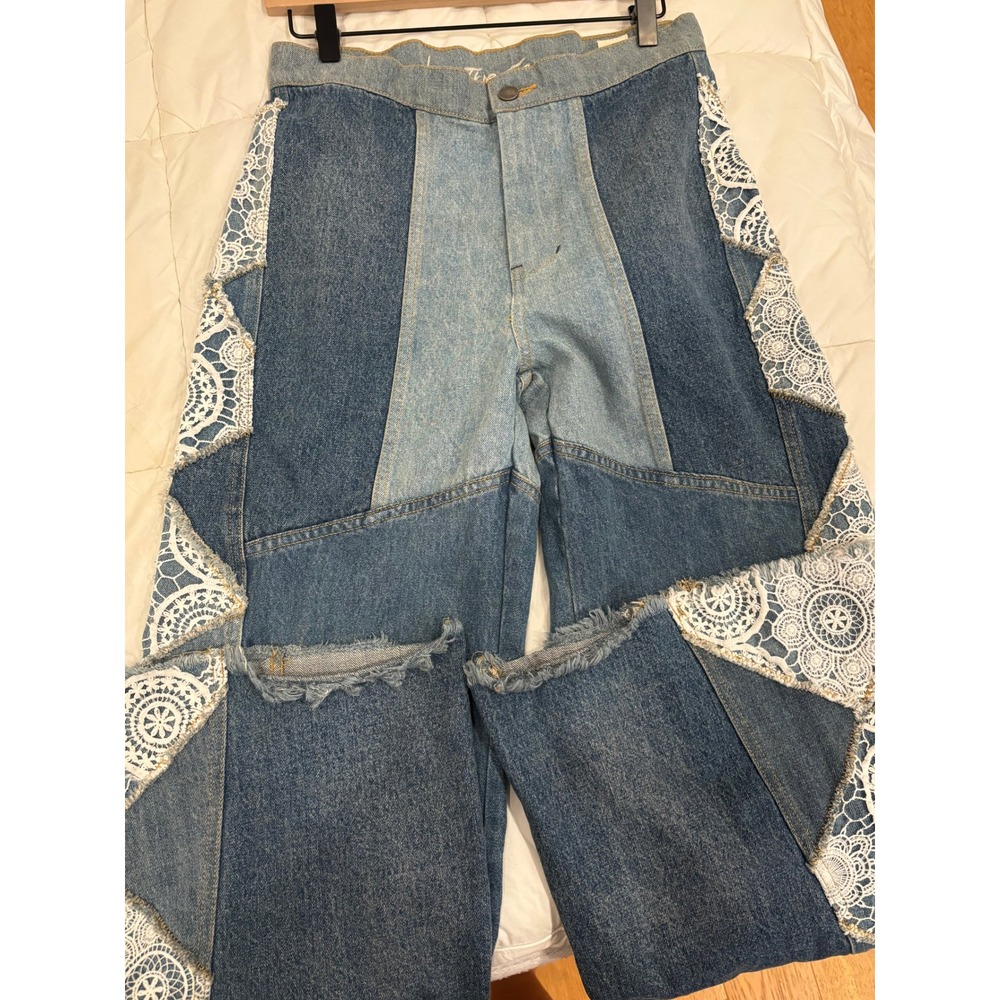 NWOT We The Free Free People Patchwork Lace Wide Leg Jeans Denim Boho Chic Hippy